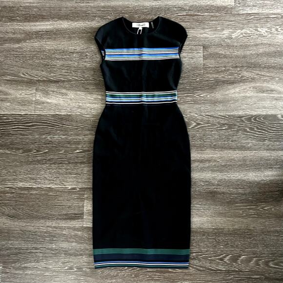 NWOT Diane Von Furstenberg Black Hadlie Stripe Sheath Knit Dress Size P | XS | S - Picture 1 of 14